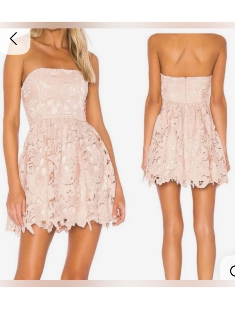 Michael Costello x Revolve "Tate" Blush Pink Lace Strapless Mini Dress